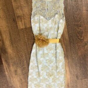 Shani lace dress womens size 4 light blue‎ and gold sheer neckline floral